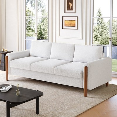 Modern 3 Seater Armrest Upholstered Sofa with Solid Wood Legs for Living Room