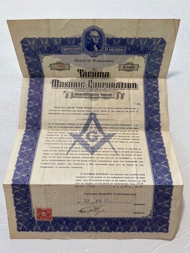VTG Registered 1924 Bond Tacoma Masonic Corporation Washington - Picture 2 of 4