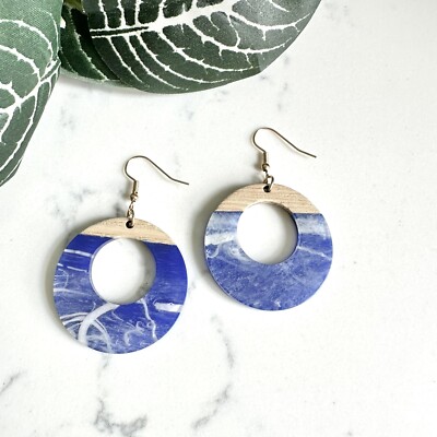 Bohemian Drift Away Marbled Blue Resin & Wood Earrings Circle Boho New US SELLER