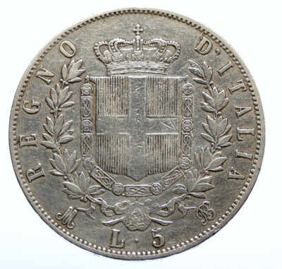 1870 MBN ITALY King Victor Emmanuel II Silver 5 Lire Antique
