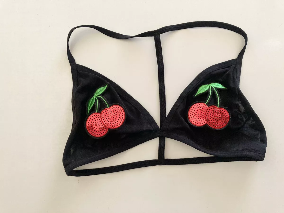 Red Cherry Sequined Black Mesh Bra Size XS/S Pin Up Wireless Bralette