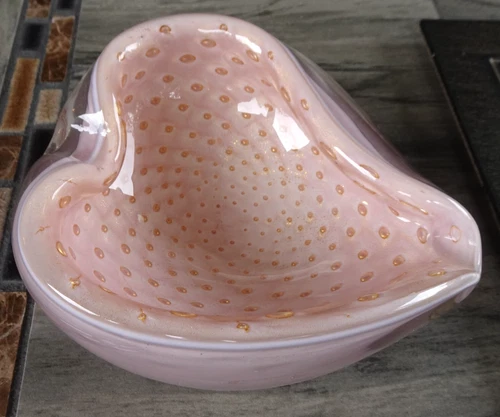 Alfredo Barbini Murano Art Glass Gold Foil Bullicante Pink Cased Bowl Ashtray