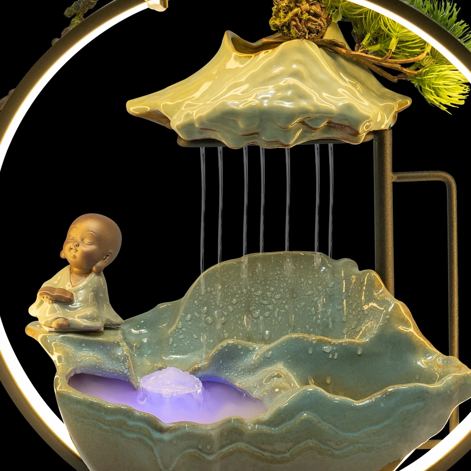 Fuente de agua de mesa cascada interior con niebla LED fuente de escritorio Feng Shui Foto 3 de 4