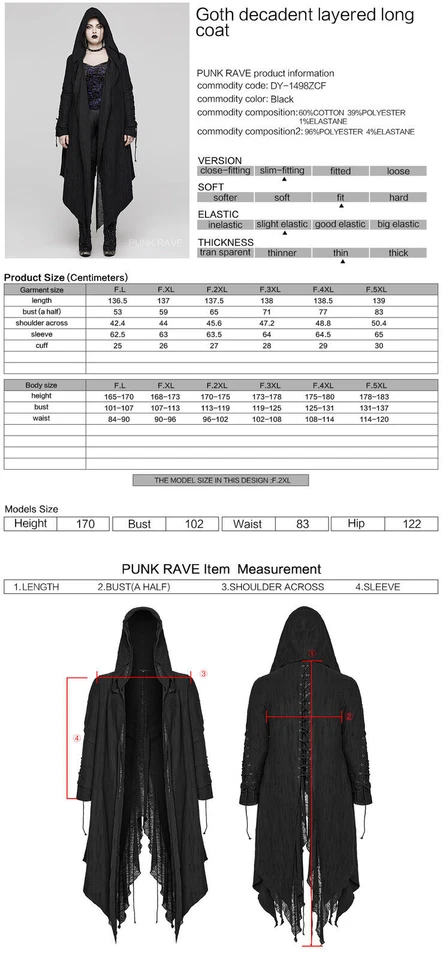 Gabardina Punk Rave para mujer negra gótica decadente con capucha larga talla grande Foto 2 de 4