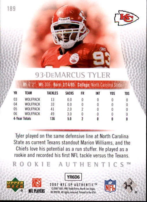 B0364- 2007 SP Authentic #189 DeMarcus Tank Tyler RC /999 - NM-MT - Image 2 of 2
