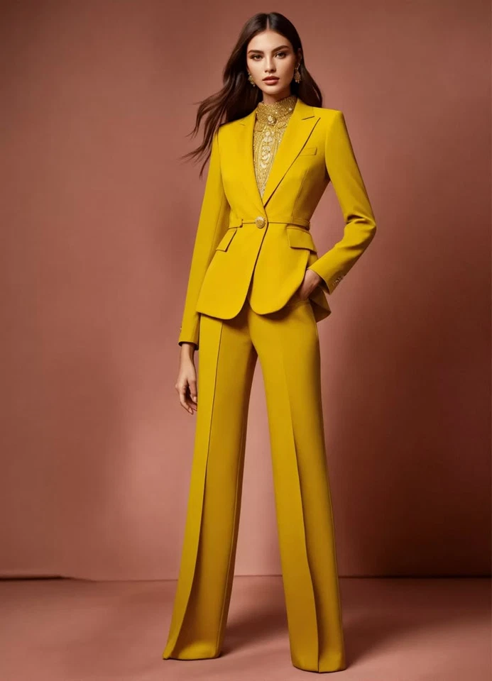 Yellow Women's Suits Formal Business Office Lady Work Wear Blazer Straight Pant - Image 2 of 4