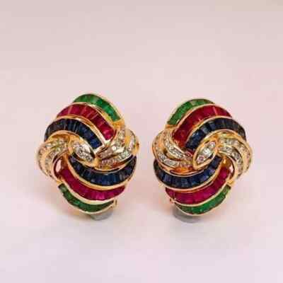 3Ct Princess Lab-Created Ruby Emerald Sapphire Earrings 14K Yellow Gold Plated