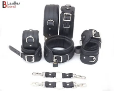 Thick Real Leather Wrist Ankle Thigh Cuffs & Collar Restraint Set Black 9 Pieces