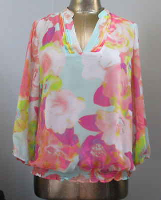 ana Colorful Sheer V-Neck Top Womens Size L Chest 43 Floral 205