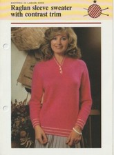 Ladies Knitting Patterns. Raglan Sleeve Sweater With Contrast Trim, Not Reprints