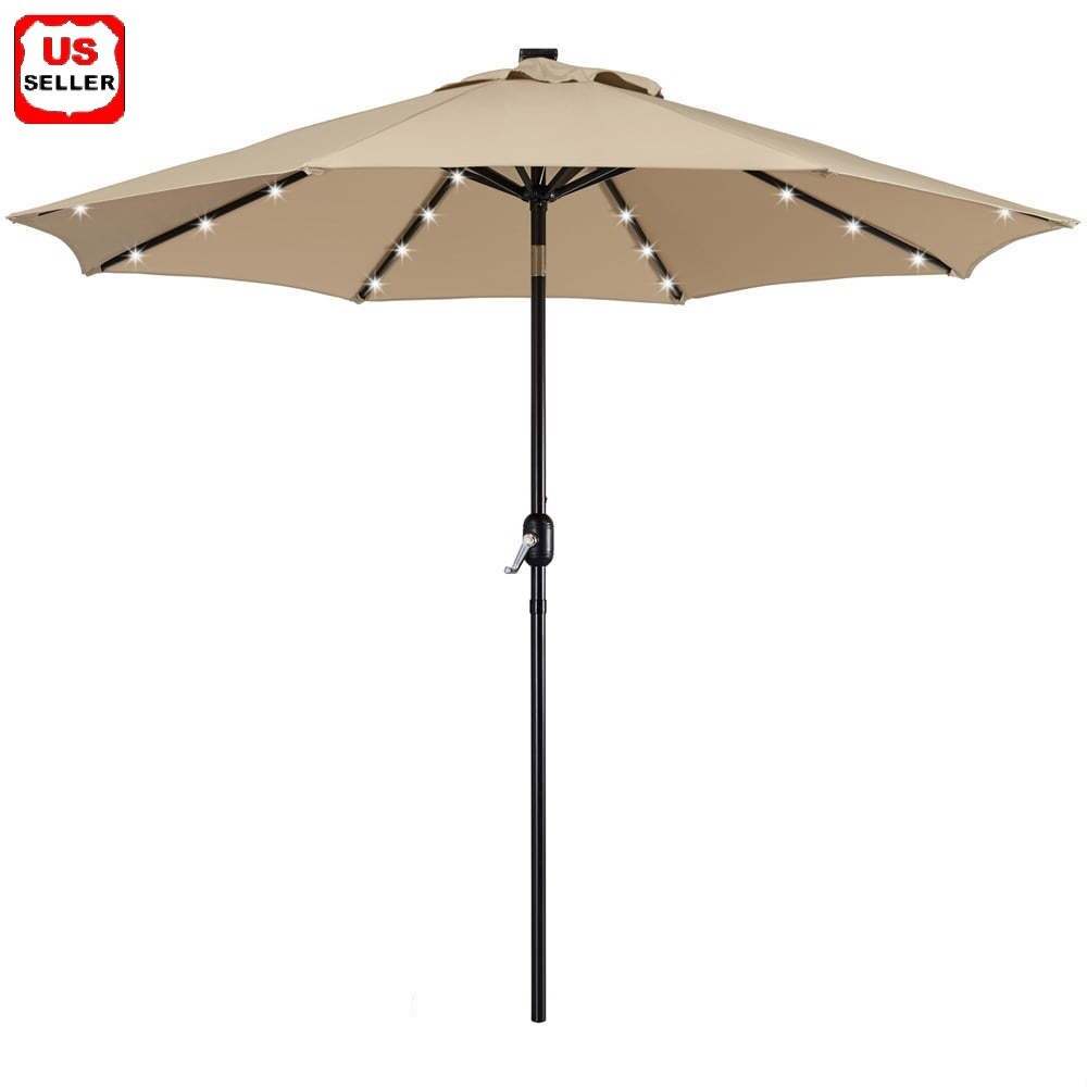 9FT Patio Umbrella with 32 LED Lights 8 Ribs Tilt Solar Market Outdoor