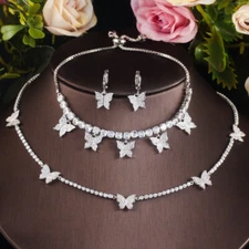 Lady Silver Plated Butterfly Charm Necklace Bracelet Earrings Zircon Jewelry Set