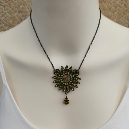 Michal Negrin Necklace Statement Bold Sunflower Olive Green Crystals Y-Drop VTG - Picture 6 of 13