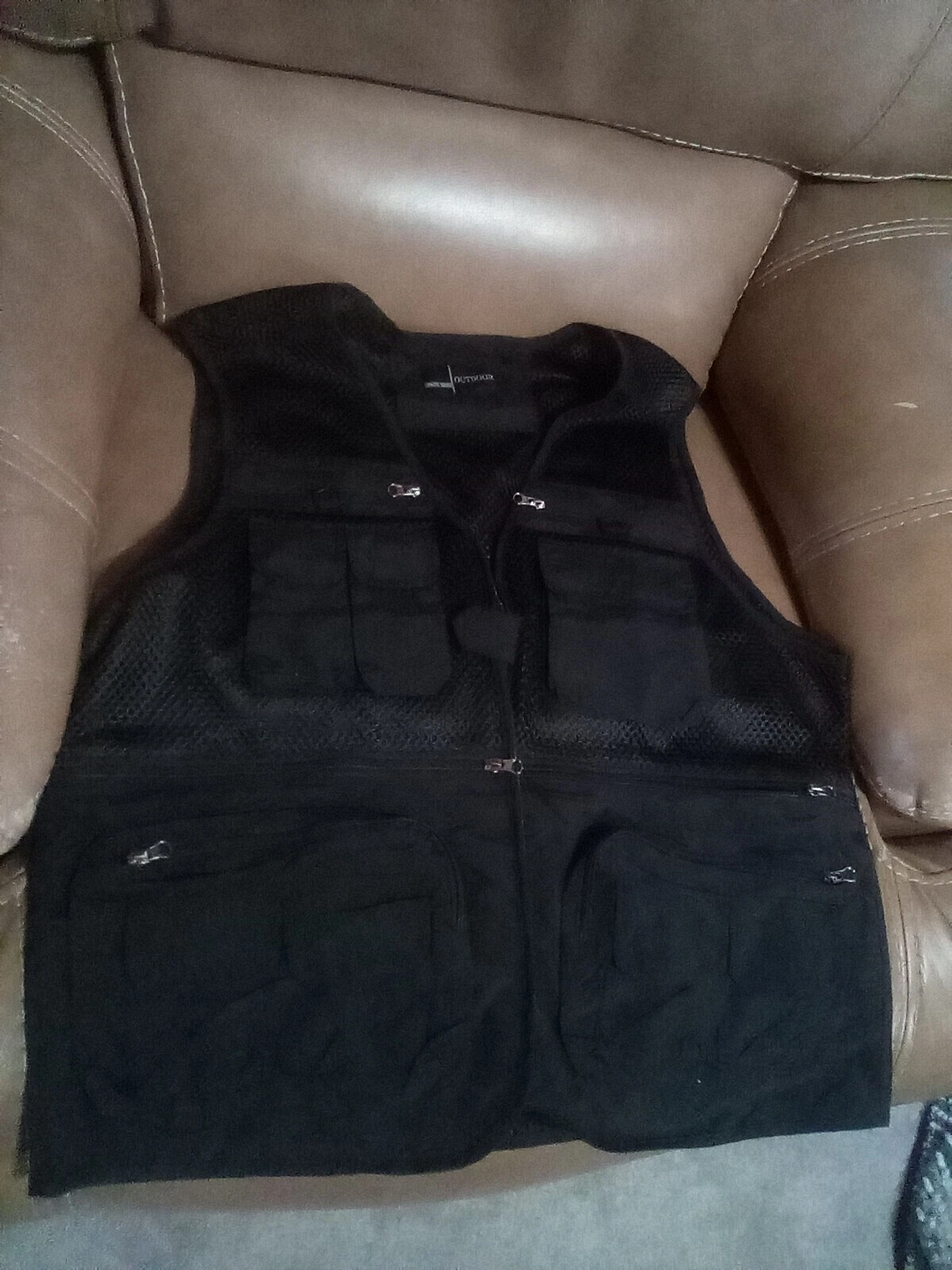 Men "OUTDOOR" Fishing Hunting Vest Top Mesh 12 Pocket Black Cargo Waistcoat