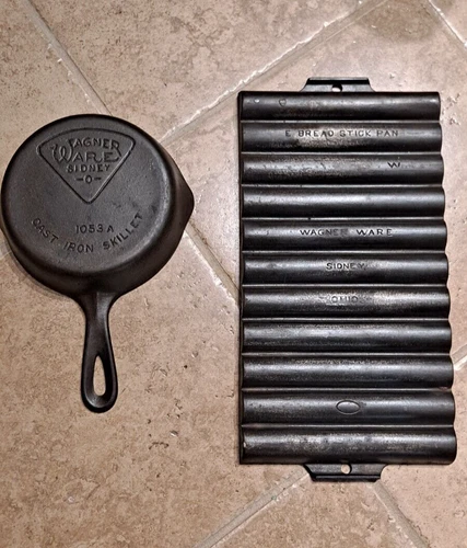 Wagner Ware Cast Iron E Breadstick Pan & Wagner Ware #3 1053A Pie Logo Skillet