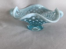 Vtg Fenton Glass 4  Blue Opalescent Hobnail Ruffled Handled Bon Bon Trinket Dish