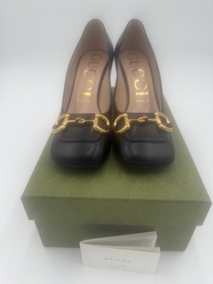 Gucci Black Leather Block Heel Pumps Women s 7.5 B Horsebit Hardware Square Toe