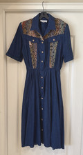 VTG Megan Moore Maxi Dress Women Sz 12 Blue Denim Southwestern Aztec Prairie