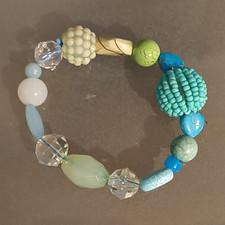 Blue Green White Round Beaded Stretch Bracelet, Mixed Beads, No Clasp