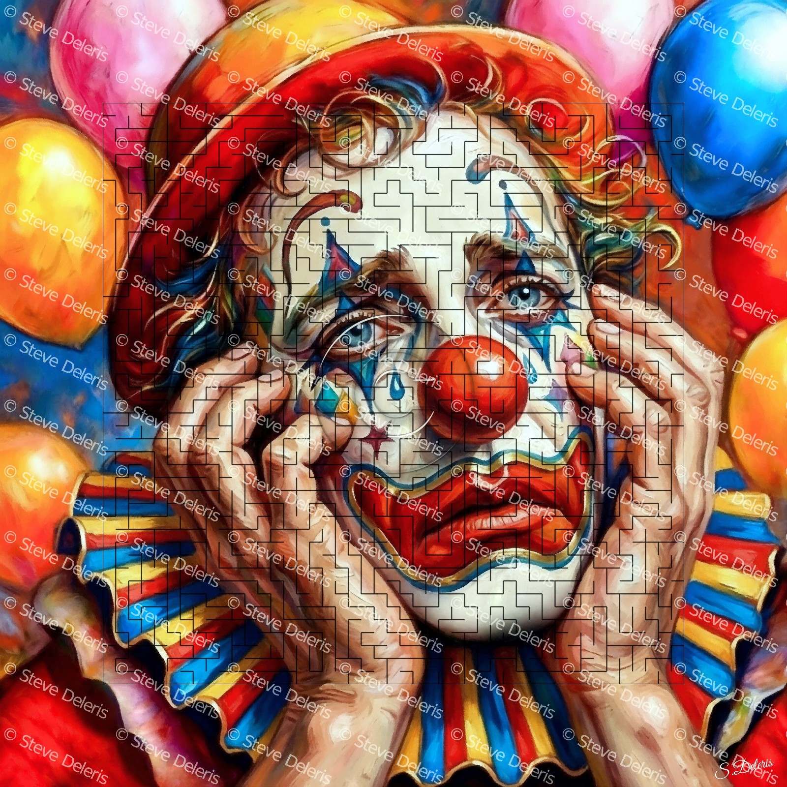 Toile acrylique Clown triste aux ballons 60x60 décoration murale tableau carré