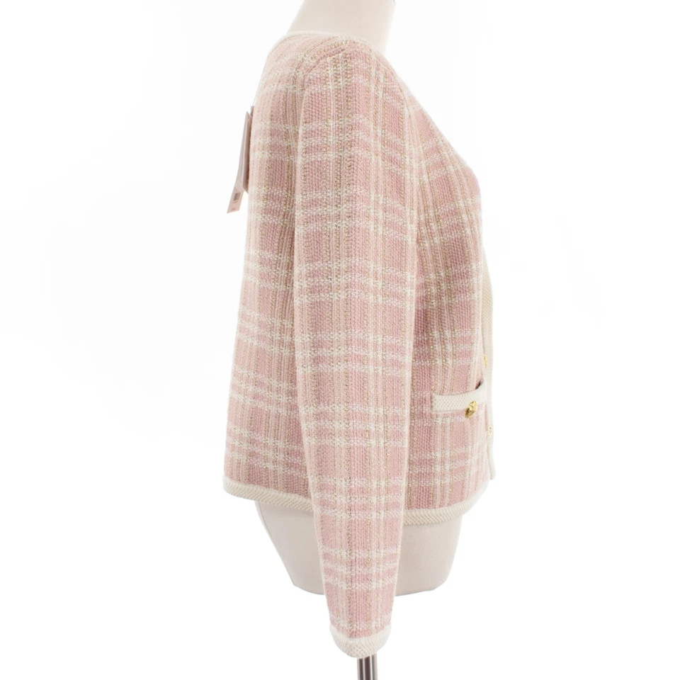 Veronica Beard NWT Claudine Knit Sweater Jacket Size M Pink / White / Gold Plaid - Image 3 of 4