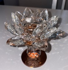 Image of Glass Faceted Lotus Flower Tea Candle Holder W/Pedestle Stand-& Reflective Base