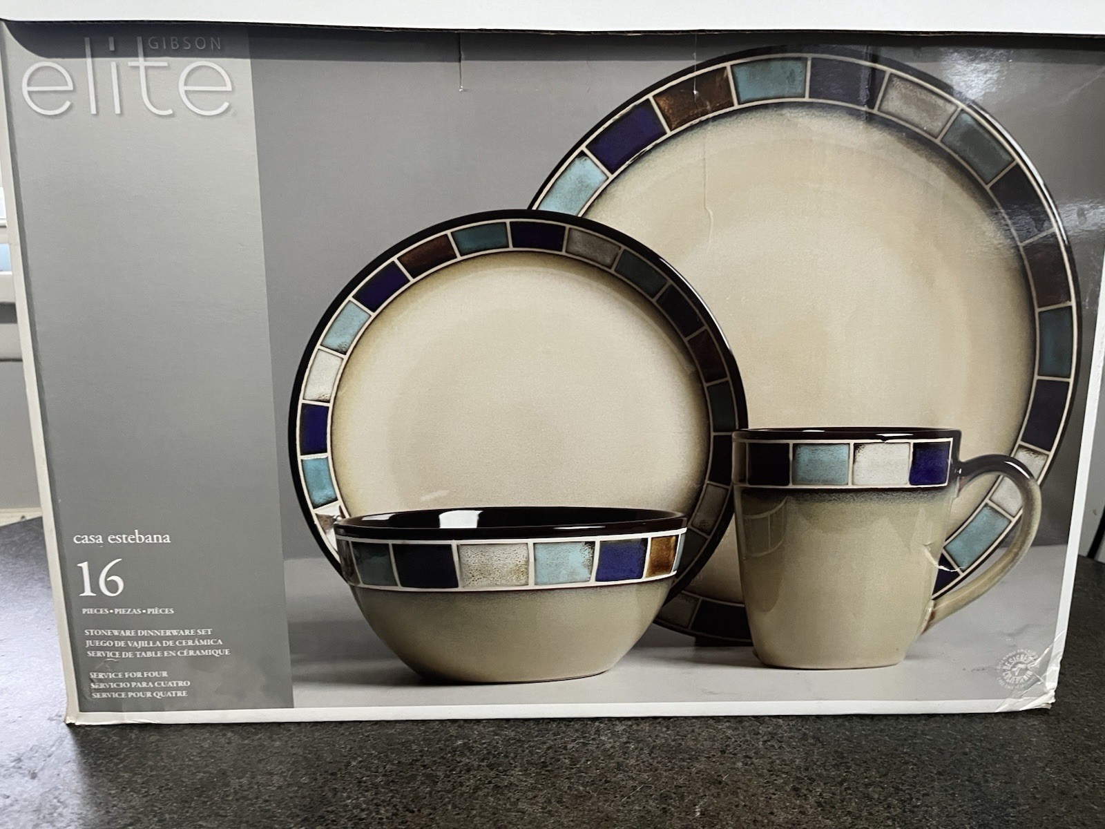 Gibson Elite Casa Estebana 16-Piece Stoneware Dinnerware Set, Plates Bowls Mugs