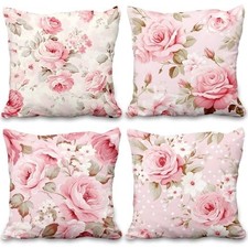 Floral Pillow Covers Pink Rose Flower Green Leaves Peony Set of 4 Watercolor ...