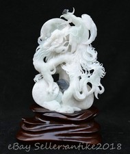 12" Chinese Natural Dushan Jade Carved Fengshui Dragon Phoenix Statue