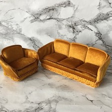 Vintage Lundby Dolls House Gold Velour Sofa & Armchair 