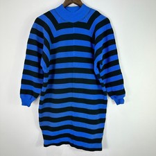 Karen Kane Sweater Dress Women L Blue Black Stripe Preppy Cotton Mod 90s USA VTG
