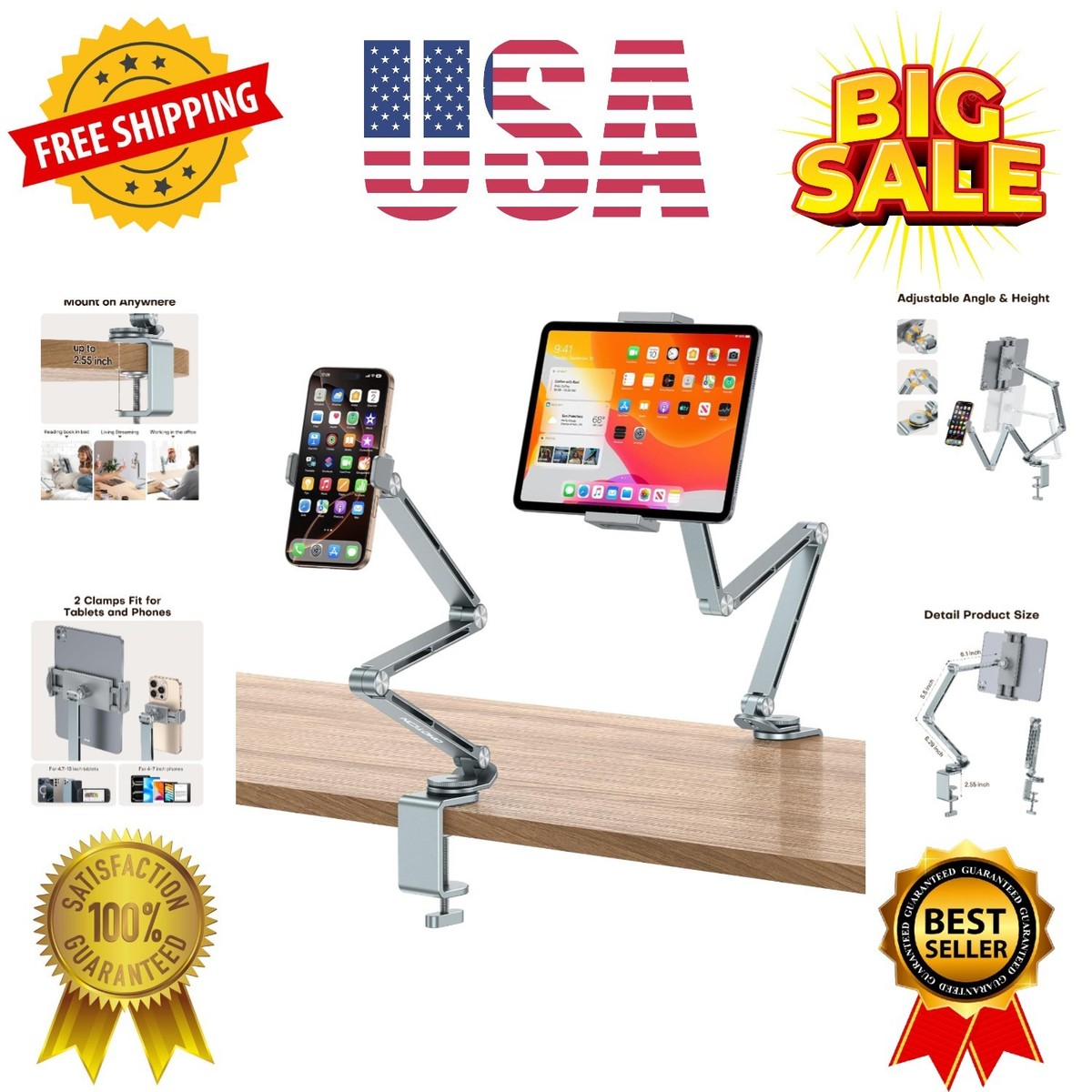 GH03 Adjustable Tablet Stand for iPad, Desk Phone Holder for Bed