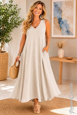 LAGENLOOK Viskose A-Form-Kleid Longlänge natur M L XL 38 40 42 44 Onesize