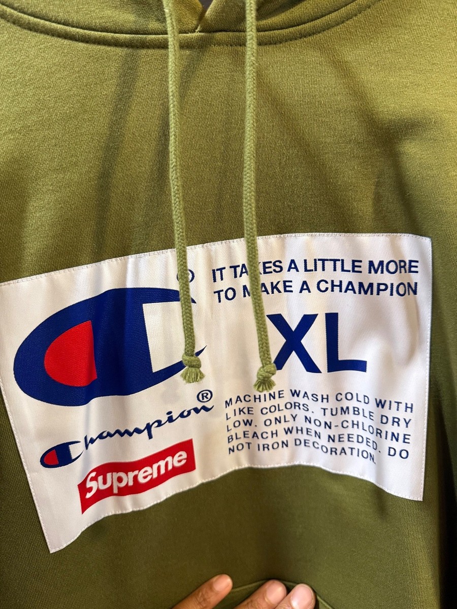 SUPREME CHAMPION Label Hooded Sweatshirt Olive Khaki Size XLarge 