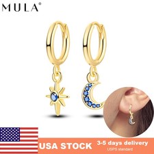 MULA European Women Hoop Earrings Blue Zircon Moon Star 925 Silver Jewelry Gift