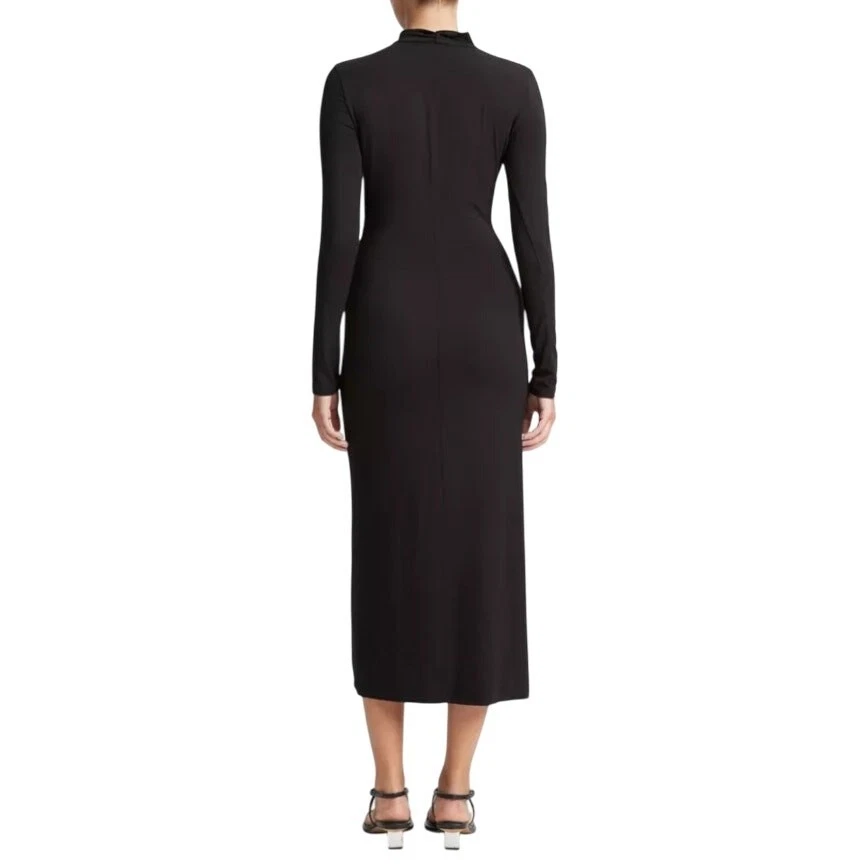 Vestido midi de cuello alto acanalado negro pequeño Vince para mujer manga larga jersey G10-17 Foto 2 de 4