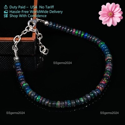Natural Ethiopian Wello Fire Black Opal Gemstone Fire Beads 7.5''Bracelet