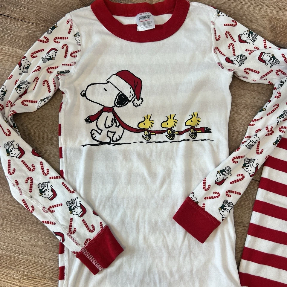 Hanna Anderson Snoopy Peanuts Christmas Holiday Pajamas Sz 10 Pj Set - Image 2 of 4