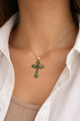 2Ct Round Cut Lab Created Emerald Cross Pendant 14K Yellow Gold Plated 18'' Chain