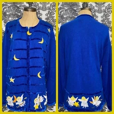 Quacker Factory Size 1X  Christmas Cardigan Sweater Sequin Angels Blue