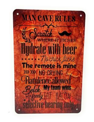 MAN CAVE RULES Hydrate With Beer Remote Is Mine My Team Wins And More 12x8'' Sign