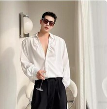 Men's New Design Wrinkle V Collar Shirt Long Sleeve Casual Hairstylist Loose Top