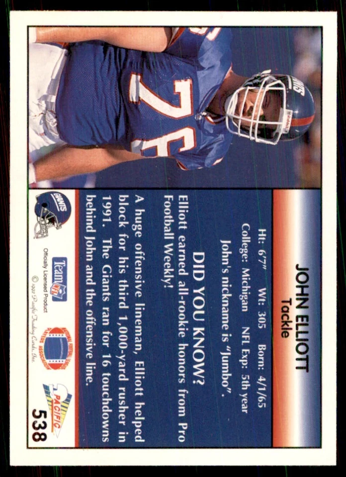 1992 Pacific John Elliott Football Cards #538 - Image 2 of 2