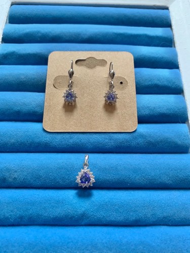 Tanzanite, White Zircon Trillion Shape Earrings and Pendant - Picture 3 of 3