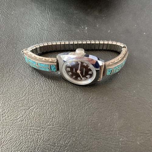 Blue Turquoise Chip Inlay Navajo Sterling Silver Old Pawn Watch Tips 1639 - Picture 7 of 12