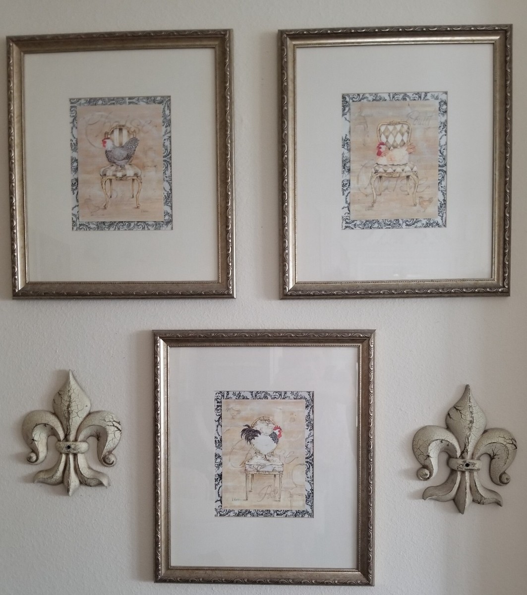 Kathryn White~French~Framed Chickens On Chairs~Fleur De lis~Wall