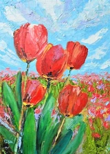 Tulip Field Original Oil Painting Impressionist Red Floral Landscape Endless