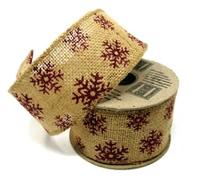 Vatican Homes Wired Christmas Ribbon Red Snowflake Burlap Jute 2.5" x 10 yards