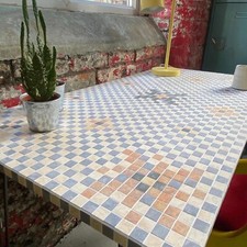 Handcrafted Retro Checkered Mosaic Table Linoleum Desk with Hairpin Legs 123x61