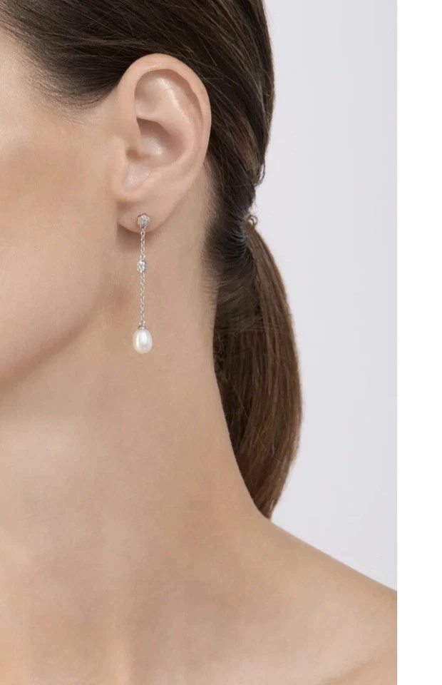 NEW ADORNIA White Rhodium Plated Swarovski & 7mm Freshwater Pearl Drop Earrings - Image 2 of 4